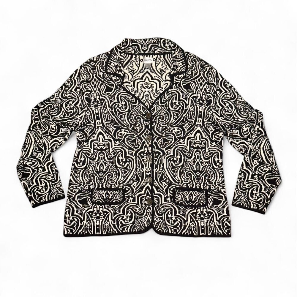 Chico’s Women’s Size 3 XL16 Black White Button Cardigan Sweater Silk Cotton